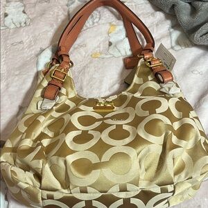 Coach Gold and Tan Signature Shoulder Bag